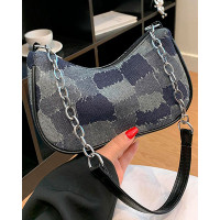 Denim Look Print Canvas Baguette Bag - black