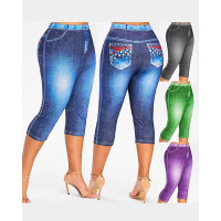 Denim Look Print Capris Leggings - blue