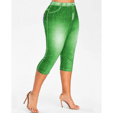 Denim Look Print Capris Leggings - green