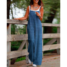 Denim Look Print Casual Suspender Jumpsuit - blue