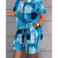 Denim Look Print Casual Top & Shorts Set - blue