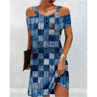 Denim Look Print Cold Shoulder Casual Dress - blue