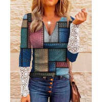 Denim Look Print Contrast Lace Long Sleeve Top - Multicolor