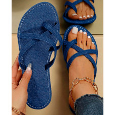 Denim Look Print Cross Strap Summer Beach Flip Flops - blue