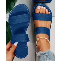 Denim Look Print Double Strap Summer Beach Slippers - blue