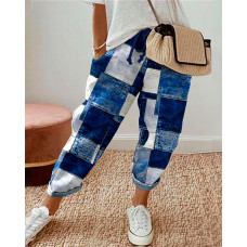 Denim Look Print Drawstring Cuffed Pants - blue