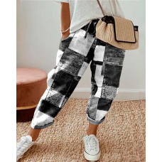 Denim Look Print Drawstring Cuffed Pants - Dark grey