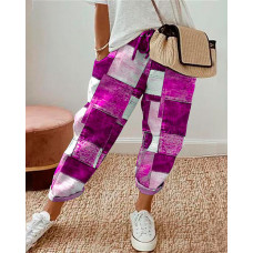 Denim Look Print Drawstring Cuffed Pants - purple