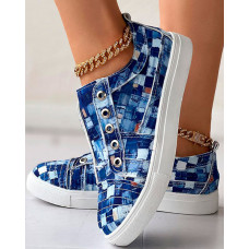 Denim Look Print Eyelet Canvas Sneakers - blue