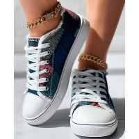 Denim Look Print Eyelet Lace-up Raw Hem Sneakers - Multicolor