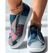 Denim Look Print Eyelet Slip-on Sneakers - Multicolor