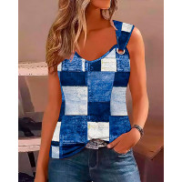 Denim Look Print Eyelet Tank Top - blue