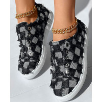 Denim Look Print Fringe Hem Slip-On Sneakers - black