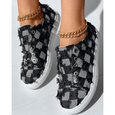 Denim Look Print Fringe Hem Slip-On Sneakers - black