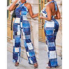 Denim Look Print Halter Backless Jumpsuit - blue