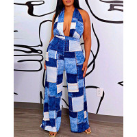 Denim Look Print Halter Backless Wide Leg Jumpsuit - blue