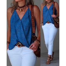 Denim Look Print Halter Wrap Tank Top - blue