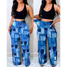 Denim Look Print High Waist Pants - blue