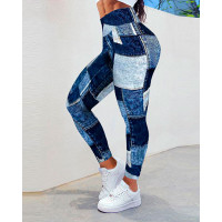 Denim Look Print High Waist Sports Leggings - blue