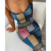 Denim Look Print Lace Trim Bodycon Dress - Multicolor