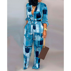 Denim Look Print Long Sleeve Belted Jumpsuit - blue