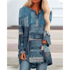 Denim Look Print Long Sleeve Casual Top - blue