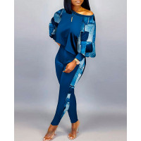 Denim Look Print Long Sleeve Casual Top & Pants Set - blue