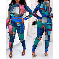 Denim Look Print Long Sleeve Crop Top & Pants Set - Multicolor