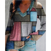 Denim Look Print Long Sleeve Top - Multicolor