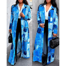 Denim Look Print Longline Shacket - blue