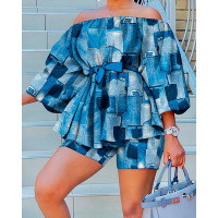 Denim Look Print Off Shoulder Belted Top & Shorts Set - blue