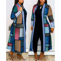 Denim Look Print Open Front Longline Coat - blue