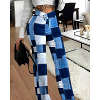 Denim Look Print Overlap Waist Work Pants - blue