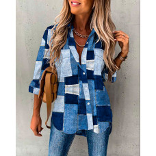 Denim Look Print Pocket Design Shirt - blue