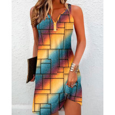 Denim Look Print Rainbow Ombre Notch Neck Casual Dress - Multicolor