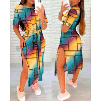 Denim Look Print Rainbow Ombre Slit Casual Dress - Multicolor