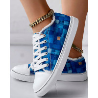 Denim Look Print Raw Hem Eyelet Lace-up Sneakers - blue