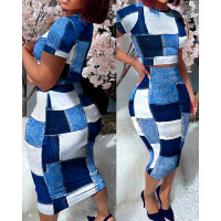 Denim Look Print Short Sleeve Top & High Waist Skirt Set - blue