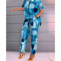 Denim Look Print Short Sleeve Top & Pants Set - blue