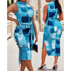 Denim Look Print Sleeveless Bodycon Dress - blue