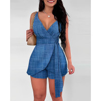 Denim Look Print Sleeveless Tied Detail Romper - blue