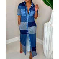 Denim Look Print Slit Shirt Dress - blue