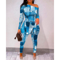 Denim Look Print Split Hem Long Sleeve Top & Pants Set - blue