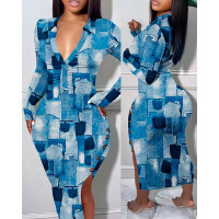 Denim Look Print Split Hem Ruched Bodycon Dress - blue