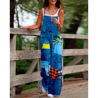 Denim Look Print Suspender Jumpsuit - blue