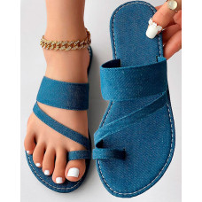 Denim Look Print Toe Ring Summer Beach Flip Flops - blue