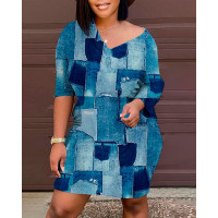 Denim Look Print V-Neck Casual Dress - blue