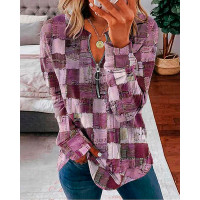 Denim Look Print Zip Detail Long Sleeve Top - rose red