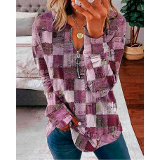 Denim Look Print Zip Detail Long Sleeve Top - rose red