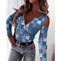 Denim Look Print Zip Front Cold Shoulder Top - blue